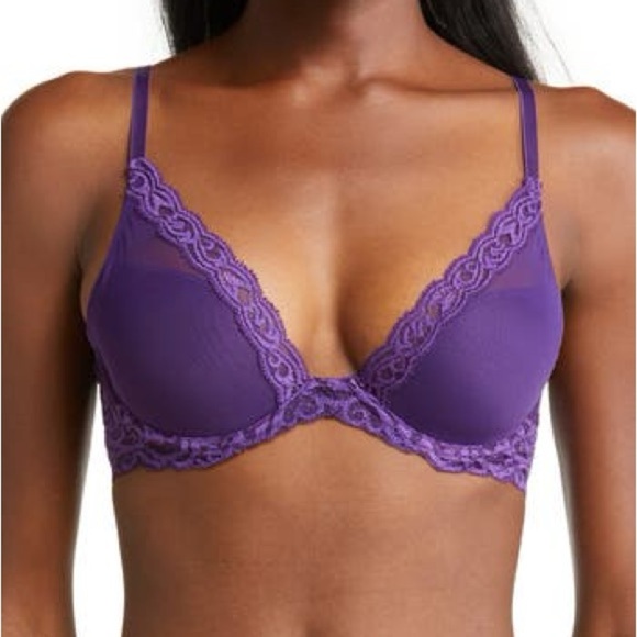 Natori Bra Feathers Plunge Purple Lace Balconette NWOT - Picture 1 of 5